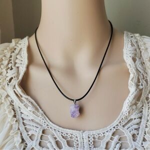 Amethyst Raw Stone Pendant Necklace - Black Cord